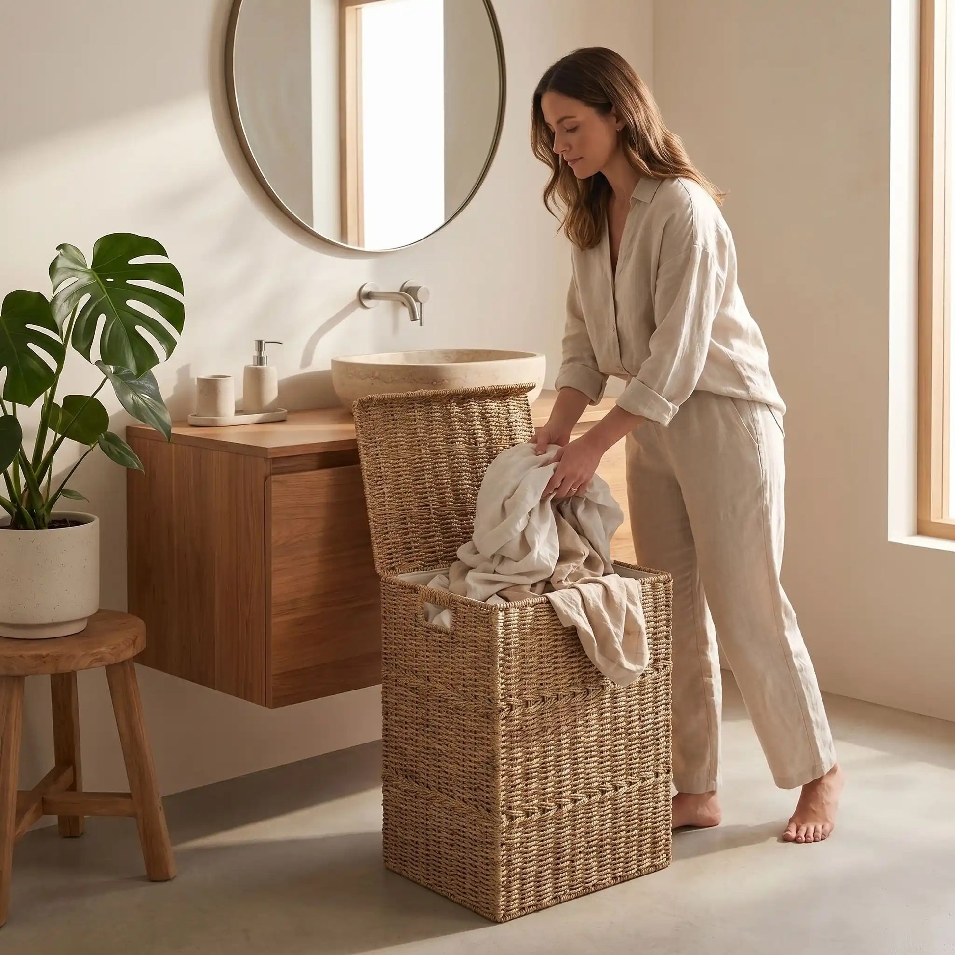 Femme dans al salle de bain syle Japandi deposant linge sale dans le Panier a linge Wisteria