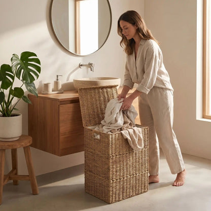 Femme dans al salle de bain syle Japandi deposant linge sale dans le Panier a linge Wisteria