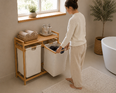 Meuble panier à linge femme déposant son linge