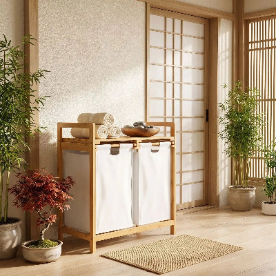 Meuble panier à linge salle de bain japandi
