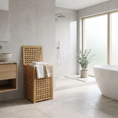 Panier à linge bois treillis rempli salle de bain minimaliste