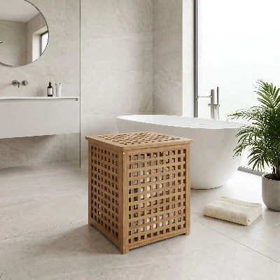 Panier à linge bois treillis salle de bain minimaliste