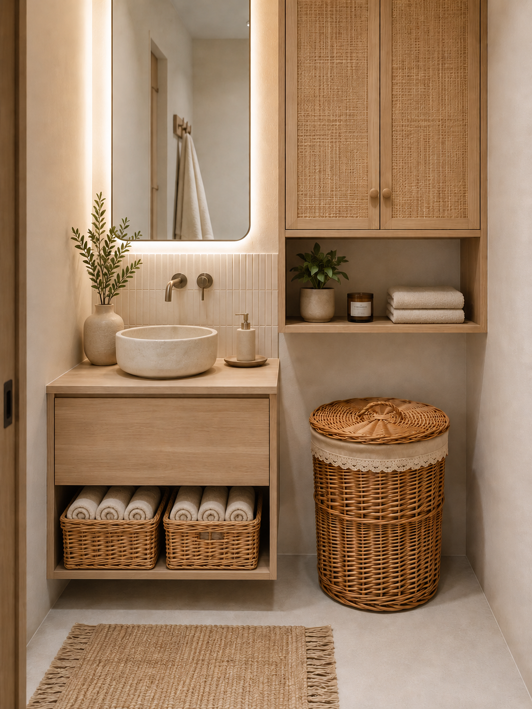 Panier à linge moyen dans petite salle de bain minimaliste