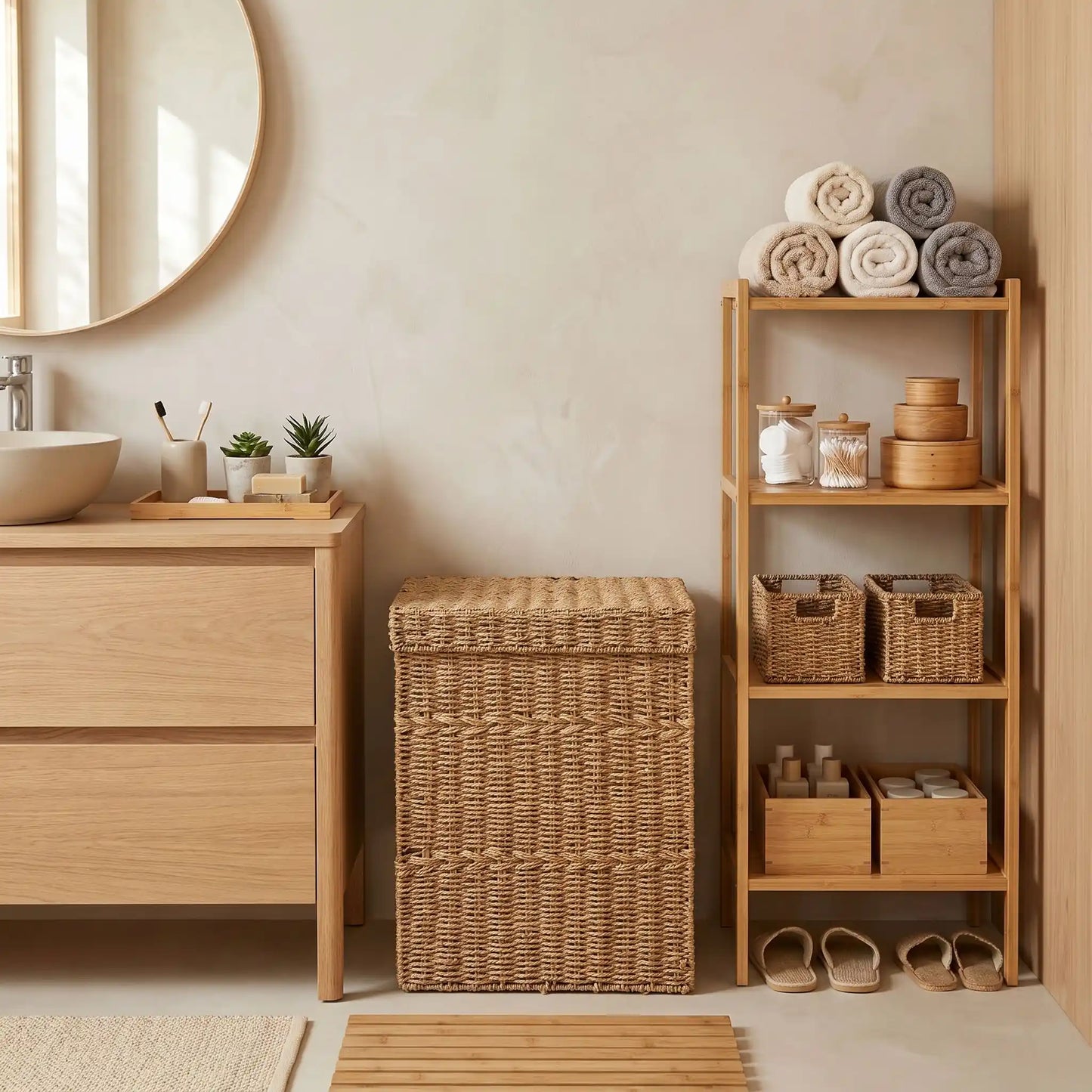 Panier a linge wisteria dans une salle de bain minimaliste décoration japandi