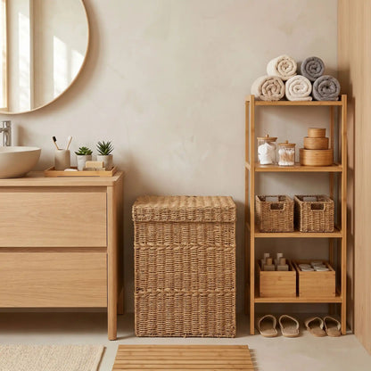 Panier a linge wisteria dans une salle de bain minimaliste décoration japandi