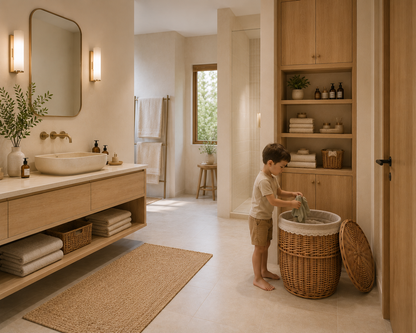 petit garcon deposant linge sale dans panier a linge dans salle de bain
